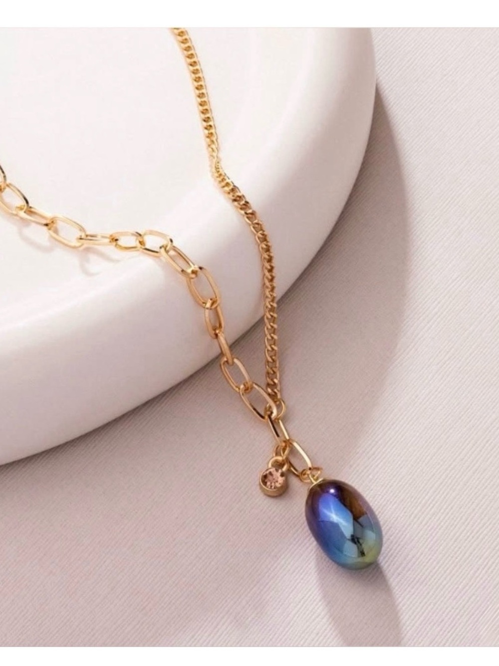 New Paparazzi Gold Chain Necklace with Iridescent Blue Glass Pendant